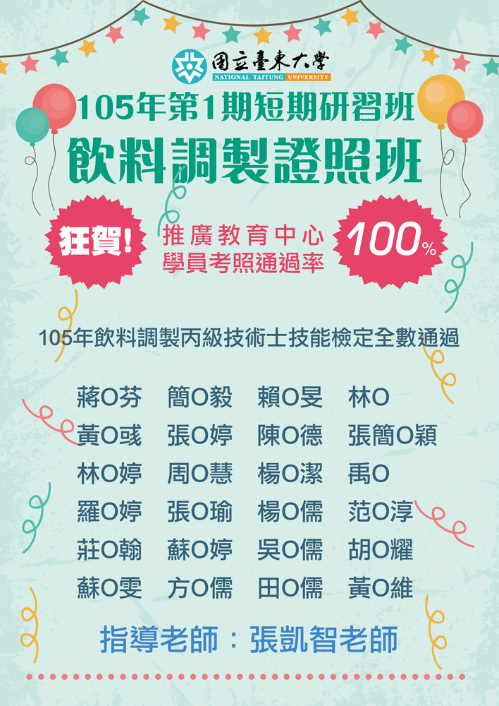 【推廣教育中心】狂賀!!「105年第1期飲料調製證照班」學員參加飲料調製丙級技術士技能檢定通過率100%~~圖片
