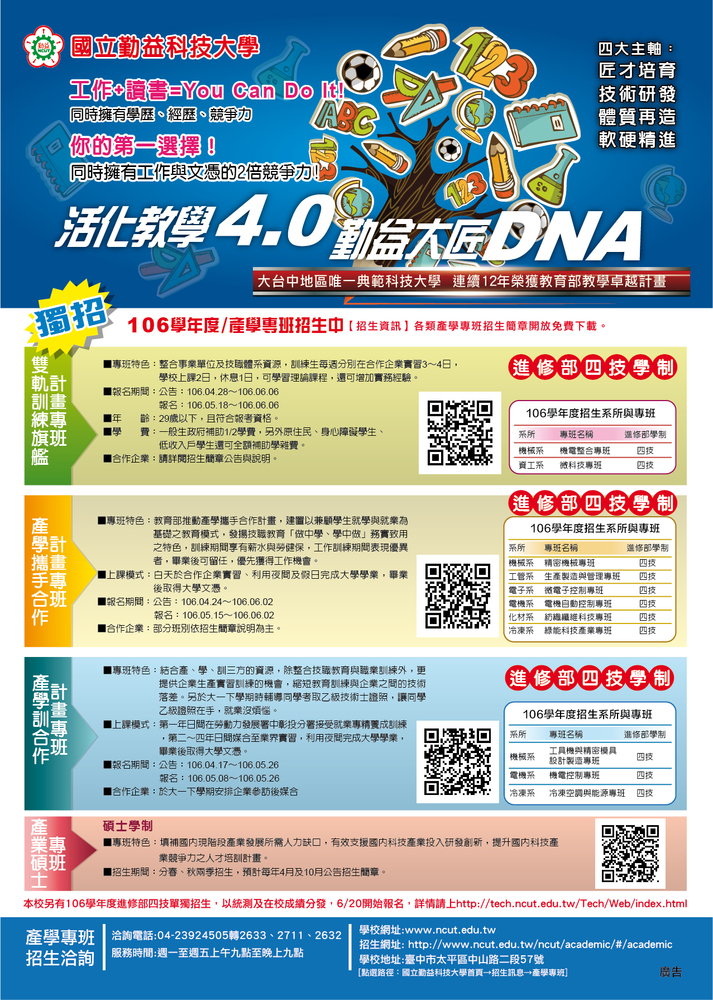【產推處】轉知 國立勤益科技大學106學年度進修部四技「產學攜手合作計畫專班」單獨招生~圖片