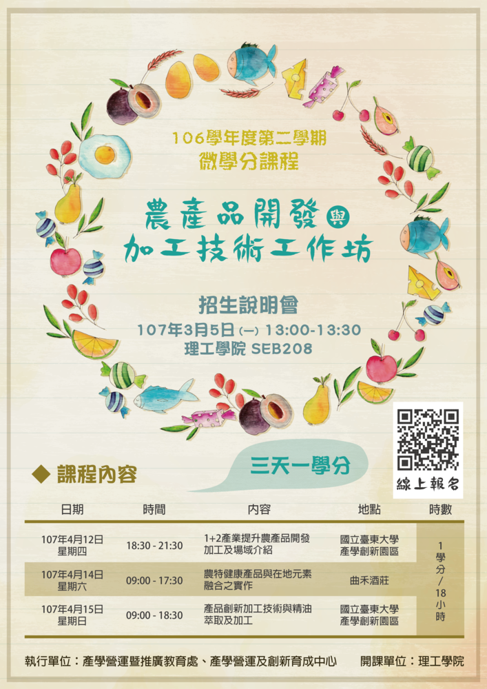 【創新創業扎根學程】106-02「農產品開發與加工技術工作坊」微學分課程(已額滿)圖片