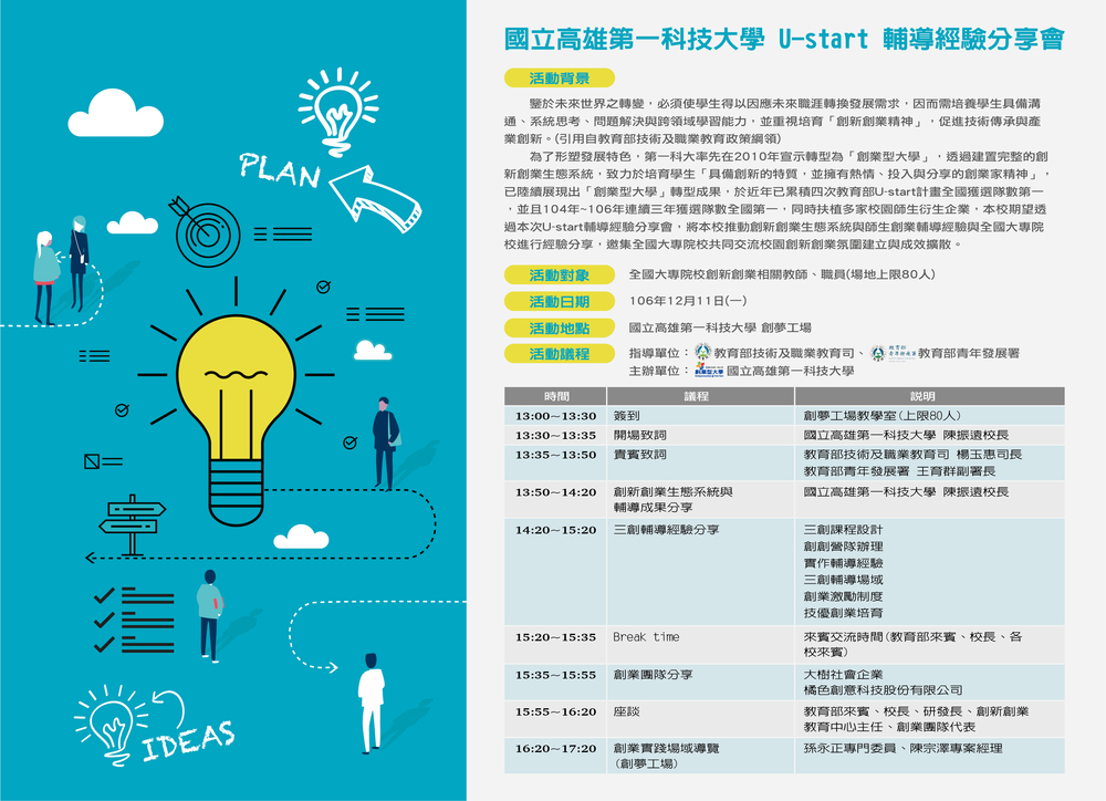 【產推處】轉知 國立高雄第一科技大學辦理「U-start輔導經驗分享會」活動，惠請踴躍報名參加。圖片